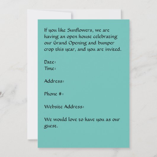 Zonnebloem Boerderij Grote Openingsuitnodiging Kaart (Achterkant)