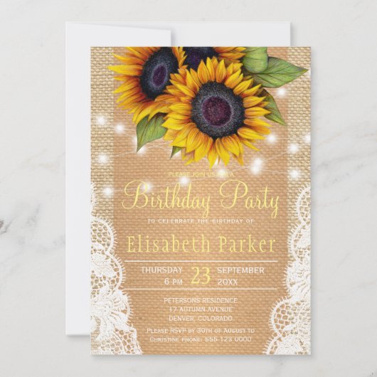 Zonnebloem boerderijburlap en kant verjaardagsfees kaart (Voorkant)