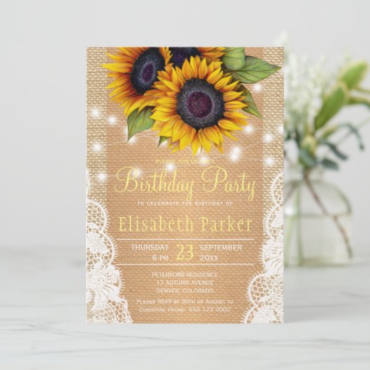 Zonnebloem boerderijburlap en kant verjaardagsfees kaart (Staand voorkant)