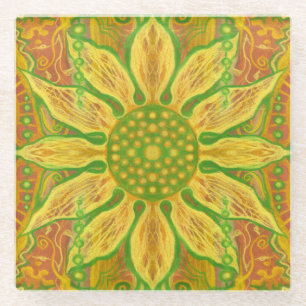 Zonnebloem boheemse bloem kunst geel groen oranje glazen onderzetter