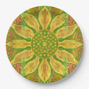 Zonnebloem boheemse bloemkunst geel groen oranje papieren bordje