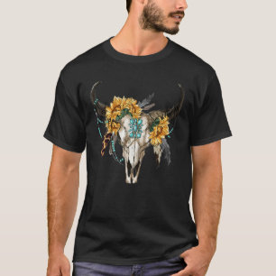Zonnebloem Boho Bull Koe schedel Koeienhuid Wester T-shirt