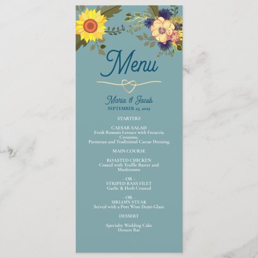 Zonnebloem Boho Dusty Blue Wedding Menu (Voorkant)