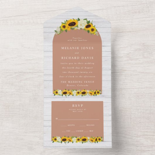 Zonnebloem Boho Farmhouse Bruiloft All In One Uitnodiging (Binnen)