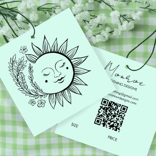 Zonnebloem Boho Lijn Kunst QR Code AANPASBARE HANG Vierkante Visitekaartje