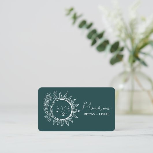 Zonnebloem Boho Line Art Elegant groen sociaal ico Visitekaartje (Staand voorkant)