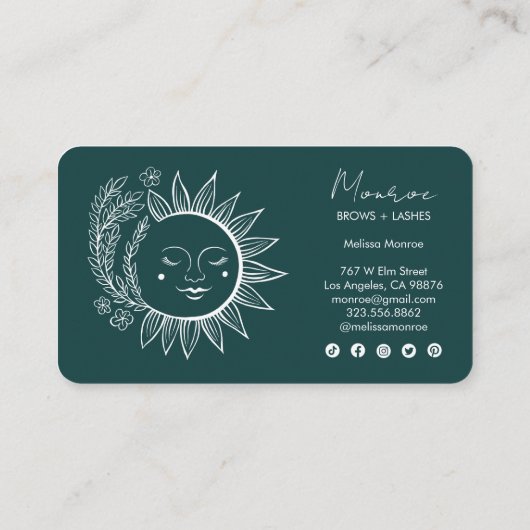 Zonnebloem Boho Line Art Elegant groen sociaal ico Visitekaartje (Achterkant)