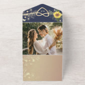 Zonnebloem Boho Navy Blue Wedding All In One Uitnodiging (Buitenkant)