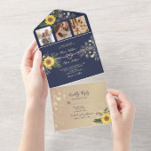 Zonnebloem Boho Navy Blue Wedding All In One Uitnodiging (Afscheurbaar)