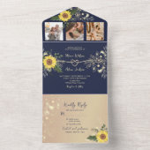Zonnebloem Boho Navy Blue Wedding All In One Uitnodiging (Binnen)
