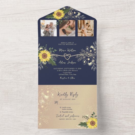 Zonnebloem Boho Navy Blue Wedding All In One Uitnodiging (Binnen)