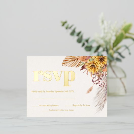 Zonnebloem Boho Pampas gedroogde bloemen RSVP Gold Folie Uitnodiging Briefkaart (Staand Voorkant)