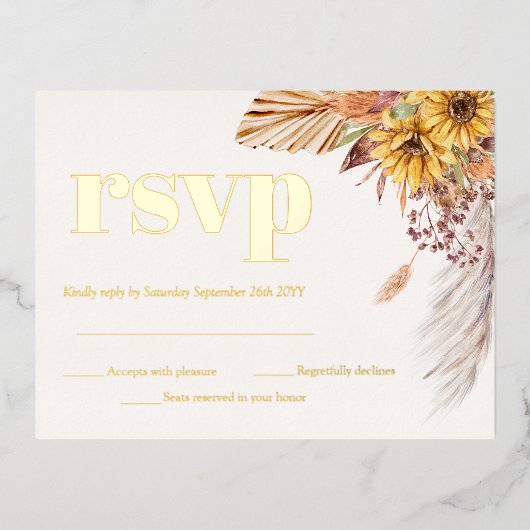 Zonnebloem Boho Pampas gedroogde bloemen RSVP Gold Folie Uitnodiging Briefkaart (Voorkant)