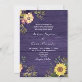 Zonnebloem Boho Rustieke Paarse bruiloft Kaart (Voorkant)