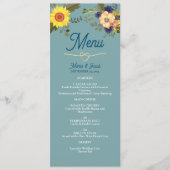 Zonnebloem Boho Stof Blauw Huwelijksmenu Menu (Voorkant)