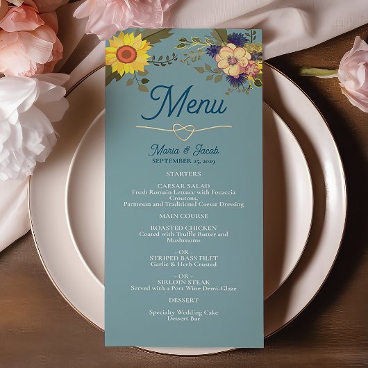 Zonnebloem Boho Stof Blauw Huwelijksmenu Menu