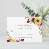 Zonnebloem bordeaux gouden blush pioen Roos bruilo RSVP Kaartje (Staand voorkant)