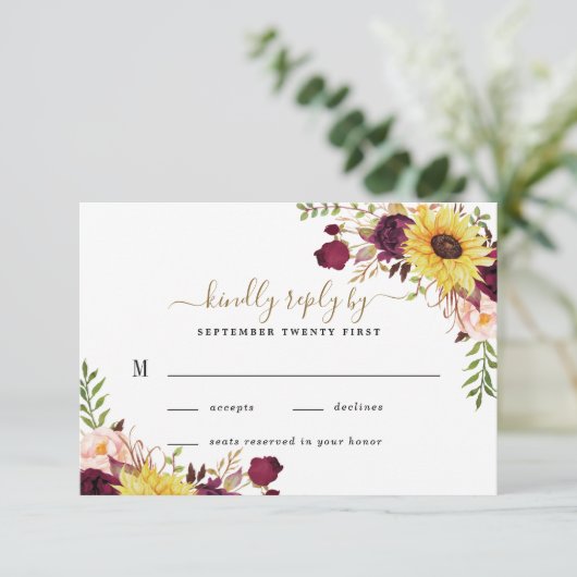 Zonnebloem bordeaux gouden blush pioen Roos bruilo RSVP Kaartje (Staand voorkant)
