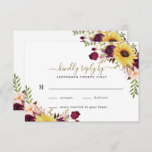 Zonnebloem bordeaux gouden blush pioen Roos bruilo RSVP Kaartje (Voorkant / Achterkant)