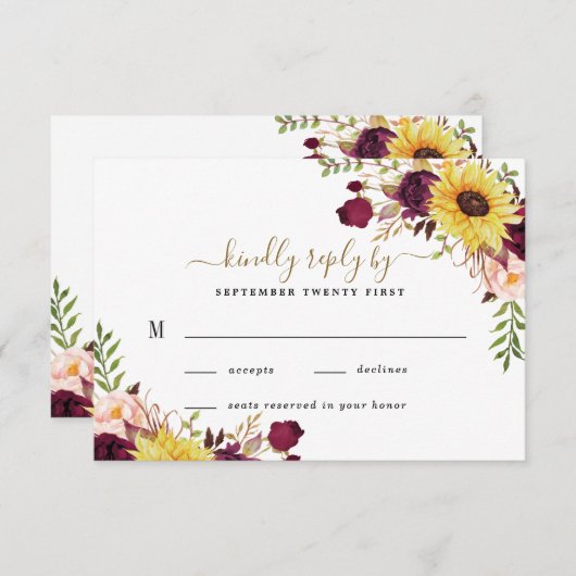 Zonnebloem bordeaux gouden blush pioen Roos bruilo RSVP Kaartje (Voorkant / Achterkant)