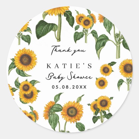 Zonnebloem Botanisch Bladgroen Baby shower Favor Ronde Sticker (Voorkant)