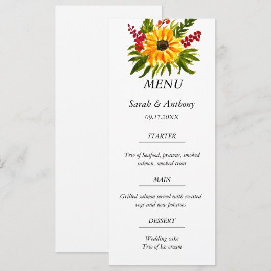 Zonnebloem Botanische Bloemen Herfst Bruiloft Voed Menu (Voorkant / Achterkant)