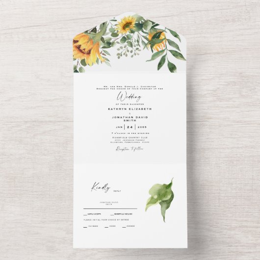 Zonnebloem Botanische bruidparenten bruiloft All In One Uitnodiging (Binnen)