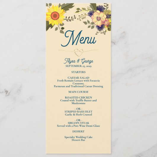 Zonnebloem Botanische Bruiloft Menu (Voorkant)