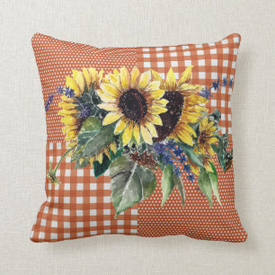 Zonnebloem Bouquet op het verbrande Oranje Gingham Kussen