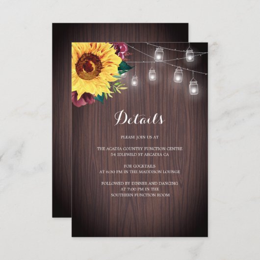 Zonnebloem Bourgogne Bokverlichting Bruiloft Detai Informatiekaartje (Voorkant / Achterkant)