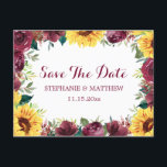 Zonnebloem Bourgogne Roos Border Save The Date Aankondigingskaart<br><div class="desc">Deze kaarten bevatten een waterverf zonnebloem en een bordeaux rozen rand. Ze maken deel uit van een collectie dat een volledig assortiment bijpassende huwelijksuitnodigingen en briefpapier omvat. Bezoek onze winkel of onze huwelijkspagina's om het volledige assortiment van items te zien die u kunt personaliseren voor uw collectie.</div>