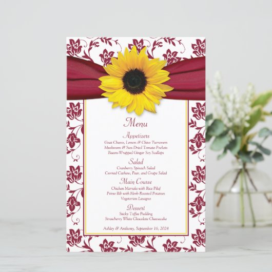 Zonnebloem Bourgogne Wit Damask Wedding Menu Kaart (Staand voorkant)