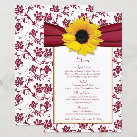 Zonnebloem Bourgogne Wit Damask Wedding Menu Kaart (Voorkant / Achterkant)