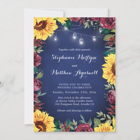 Zonnebloem Bourgondië Bloem Navy Lampjes Bruiloft Kaart (Voorkant)