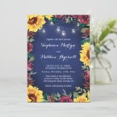 Zonnebloem Bourgondië Bloem Navy Lampjes Bruiloft Kaart (Staand voorkant)