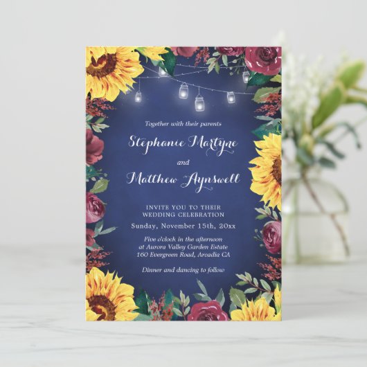 Zonnebloem Bourgondië Bloem Navy Lampjes Bruiloft Kaart (Staand voorkant)