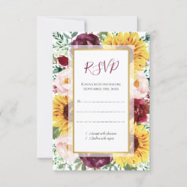 Zonnebloem Bourgondië Herfst Goud Bloemen Bruiloft RSVP Kaartje