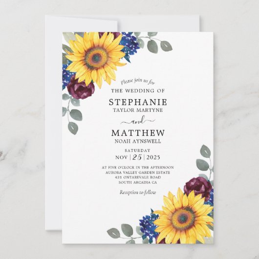 Zonnebloem Bourgondië Navy Waterverf Floral Weddin Kaart (Voorkant)