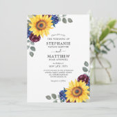 Zonnebloem Bourgondië Navy Waterverf Floral Weddin Kaart (Staand voorkant)