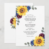 Zonnebloem Bourgondië Navy Waterverf Floral Weddin Kaart (Voorkant / Achterkant)