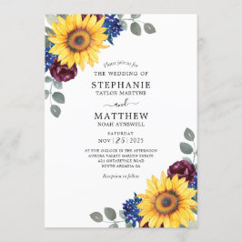 Zonnebloem Bourgondië Navy Waterverf Floral Weddin Kaart