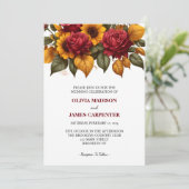 Zonnebloem Bourgondië rode roos bruiloft uitnodigi Kaart (Staand voorkant)