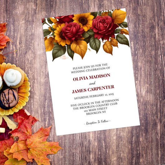 Zonnebloem Bourgondië rode roos bruiloft uitnodigi Kaart