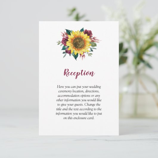 Zonnebloem Bourgondië Roos Bloemen bruiloft Informatiekaartje (Staand voorkant)