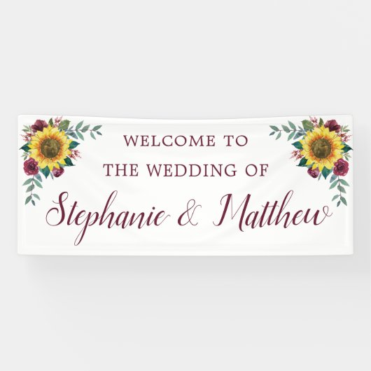 Zonnebloem Bourgondië Roos Bloemen bruiloft Welkom Spandoek (Horizontaal)