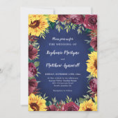 Zonnebloem Bourgondië Roos Border Navy Bruiloft Kaart (Voorkant)