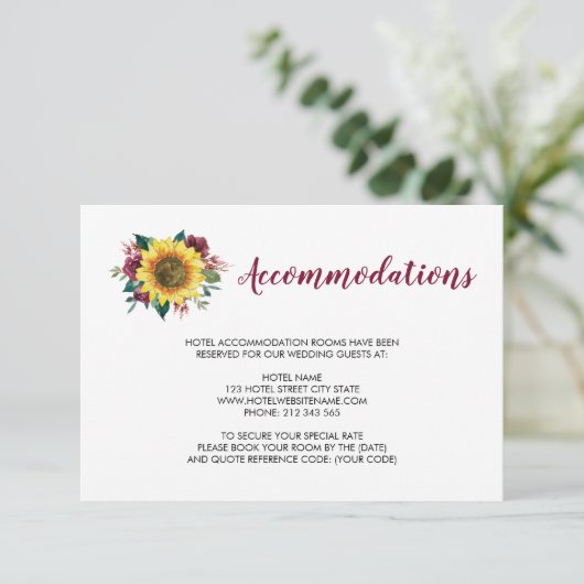 Zonnebloem Bourgondië Roos Bruiloft Accommodaties Informatiekaartje (Staand voorkant)