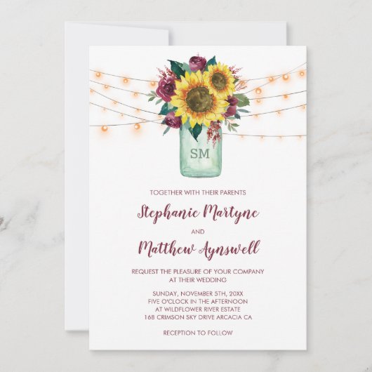 Zonnebloem Bourgondië Roos Lights Mason Jar Weddin Kaart (Voorkant)