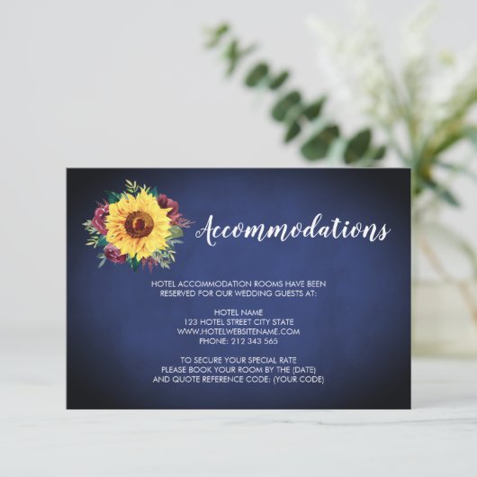 Zonnebloem Bourgondië Roos Navy Bruiloft Accommoda Informatiekaartje (Staand voorkant)