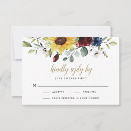 Zonnebloem Bourgondië Rozen Marineblauw Rustieke T RSVP Kaartje